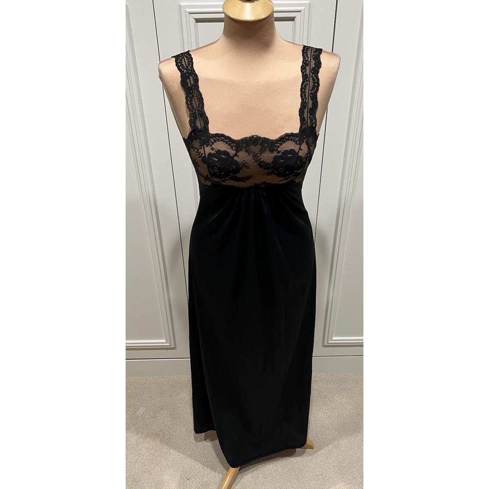 Vintage Montgomery Ward Black Long‎ Slip Nightgown Lace Romantic Sexy Whimsigoth